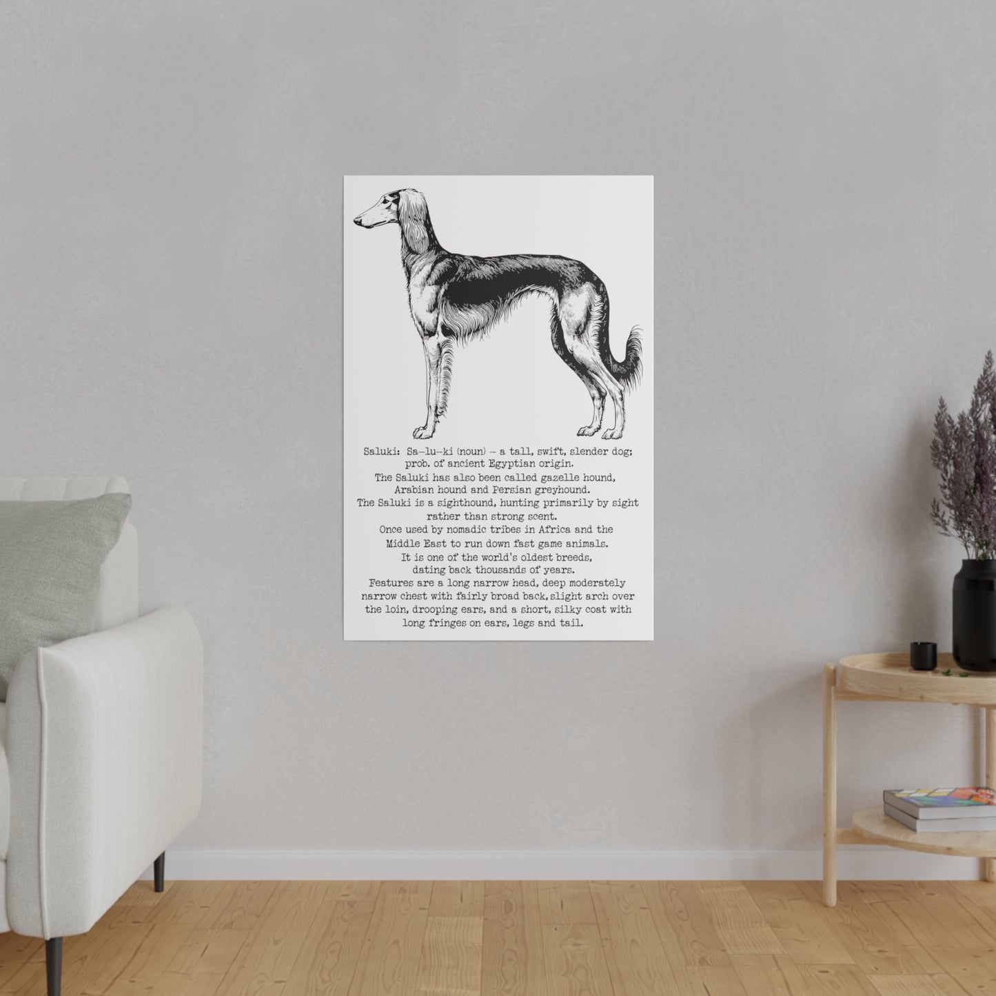 SALUKI in a BLACK INK line art style on a 24" x 36" Matte Canvas portrait frame, Stretched, 0.75"