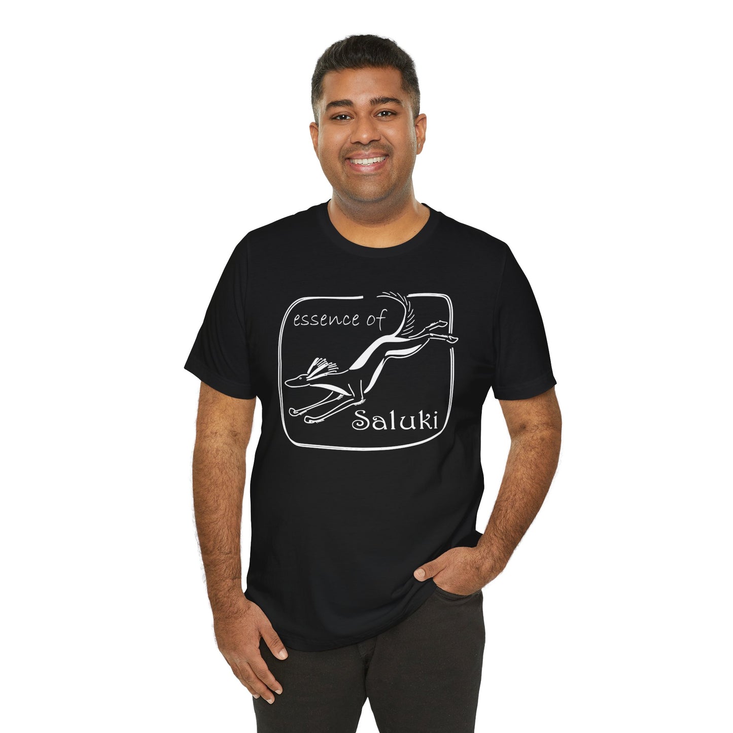 Unisex Jersey Short Sleeve Tee in black featuring a Saluki dog breed in full flight.