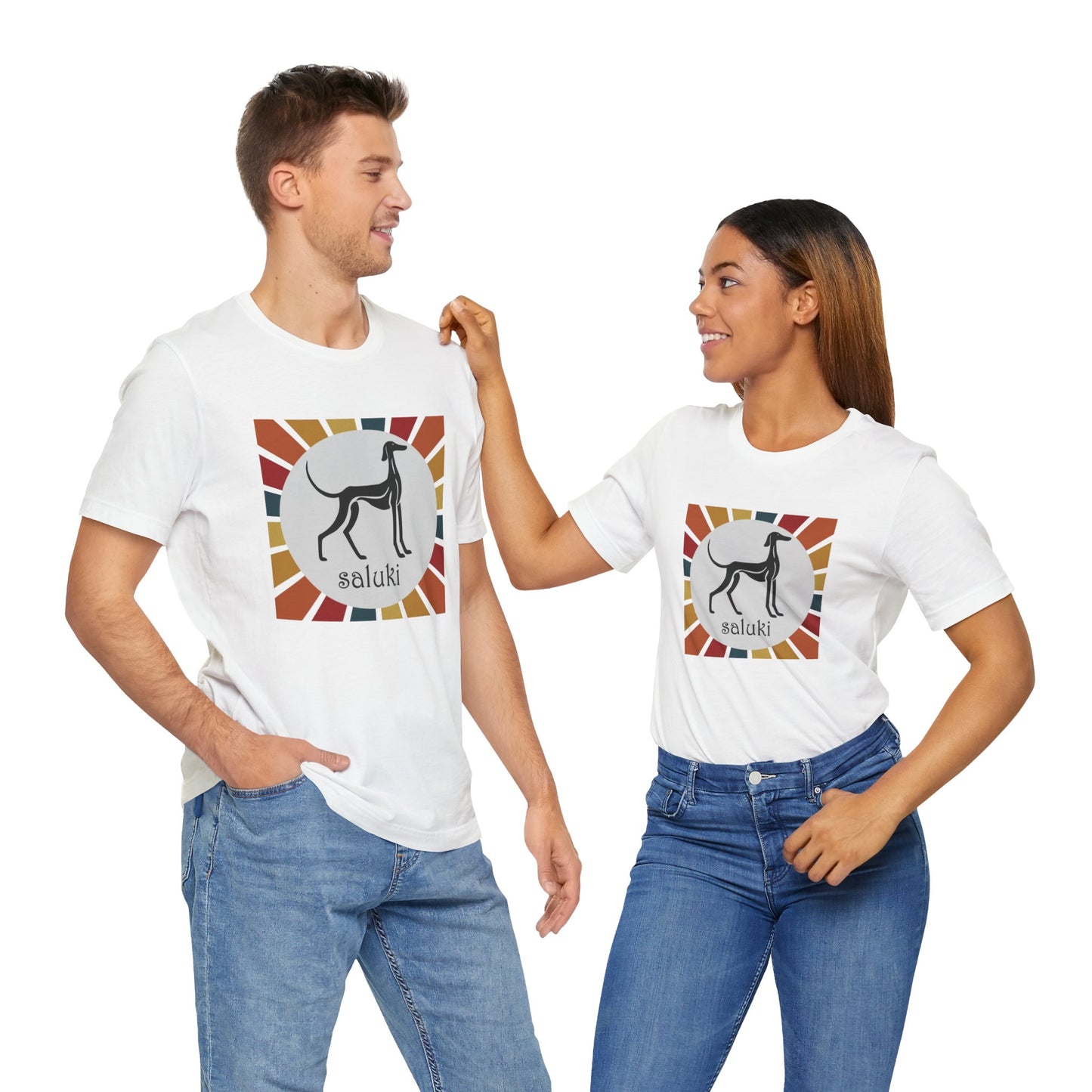 Unisex Jersey Short Sleeve Tee featuring a stylised graphic of a Saluki (Smooth Coat) standing, looking onto the distance, with a color background.