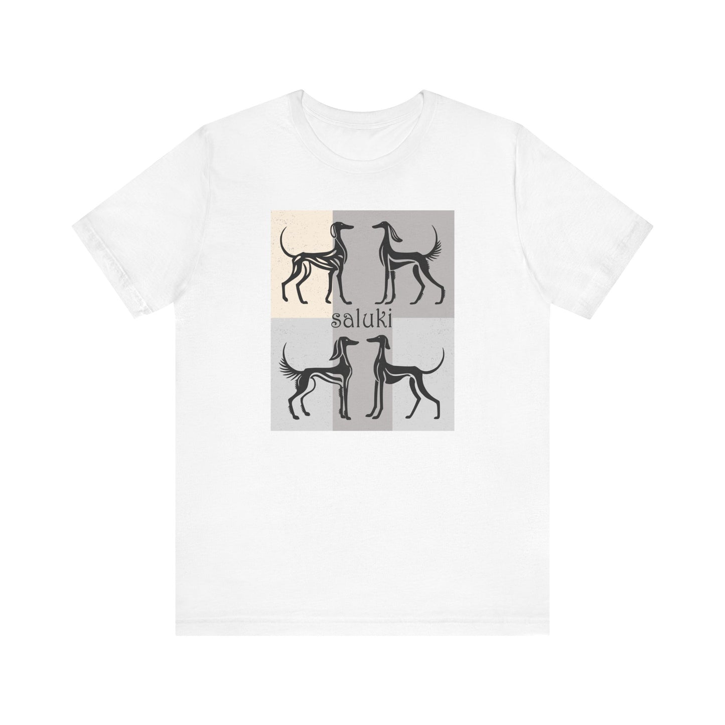 Unisex Jersey Short Sleeve Tee featuring a stylised graphic of a group of Salukis standing, looking onto the distance, with a background of matching tones..