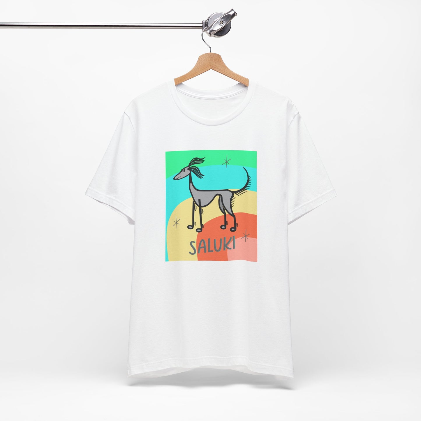 Unisex Jersey Short Sleeve Tee featuring a cartoon style Saluki standing, looking into the distance, with a color background.