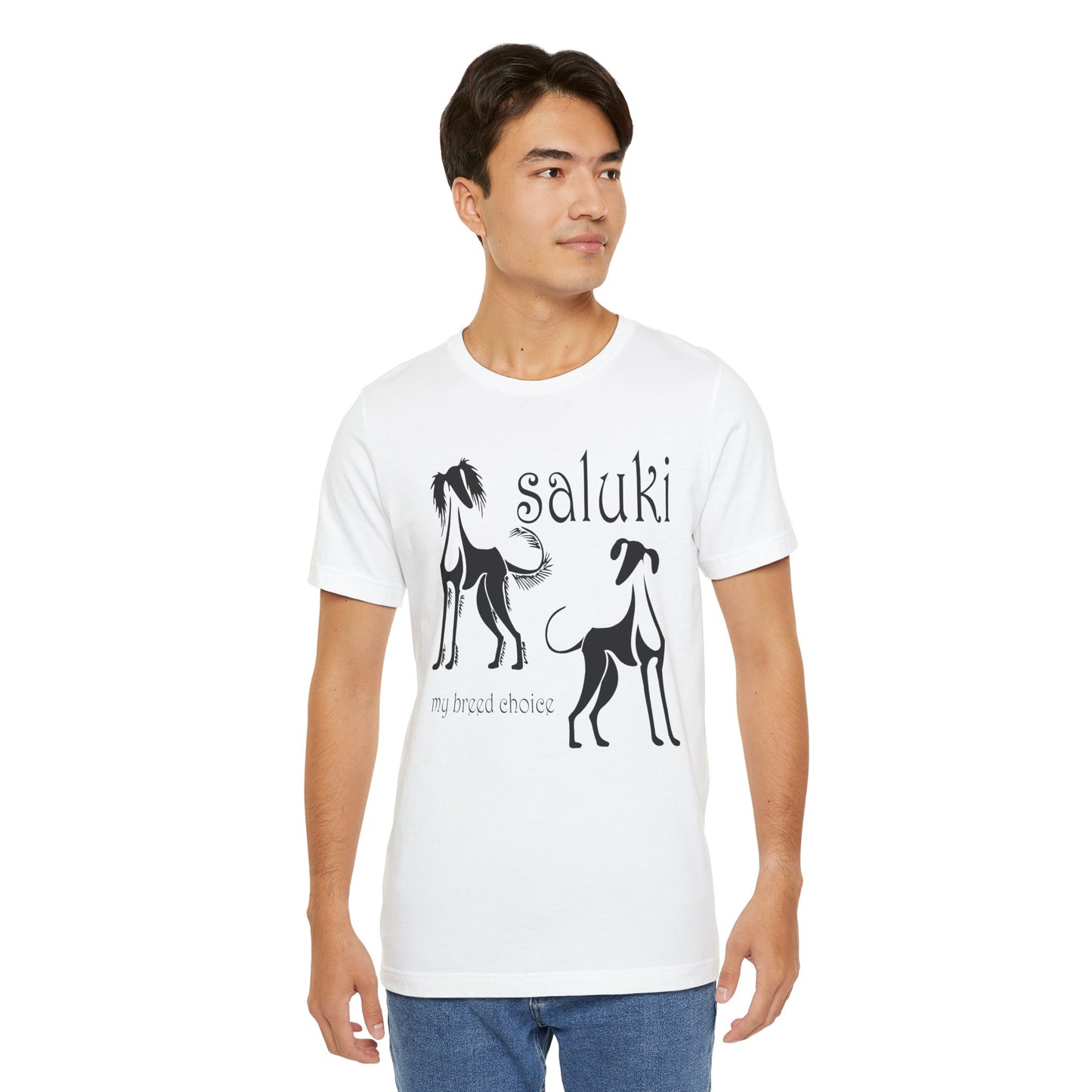 Unisex Jersey Short Sleeve Tee featuring the Saluki dog breed in 2 varieties.