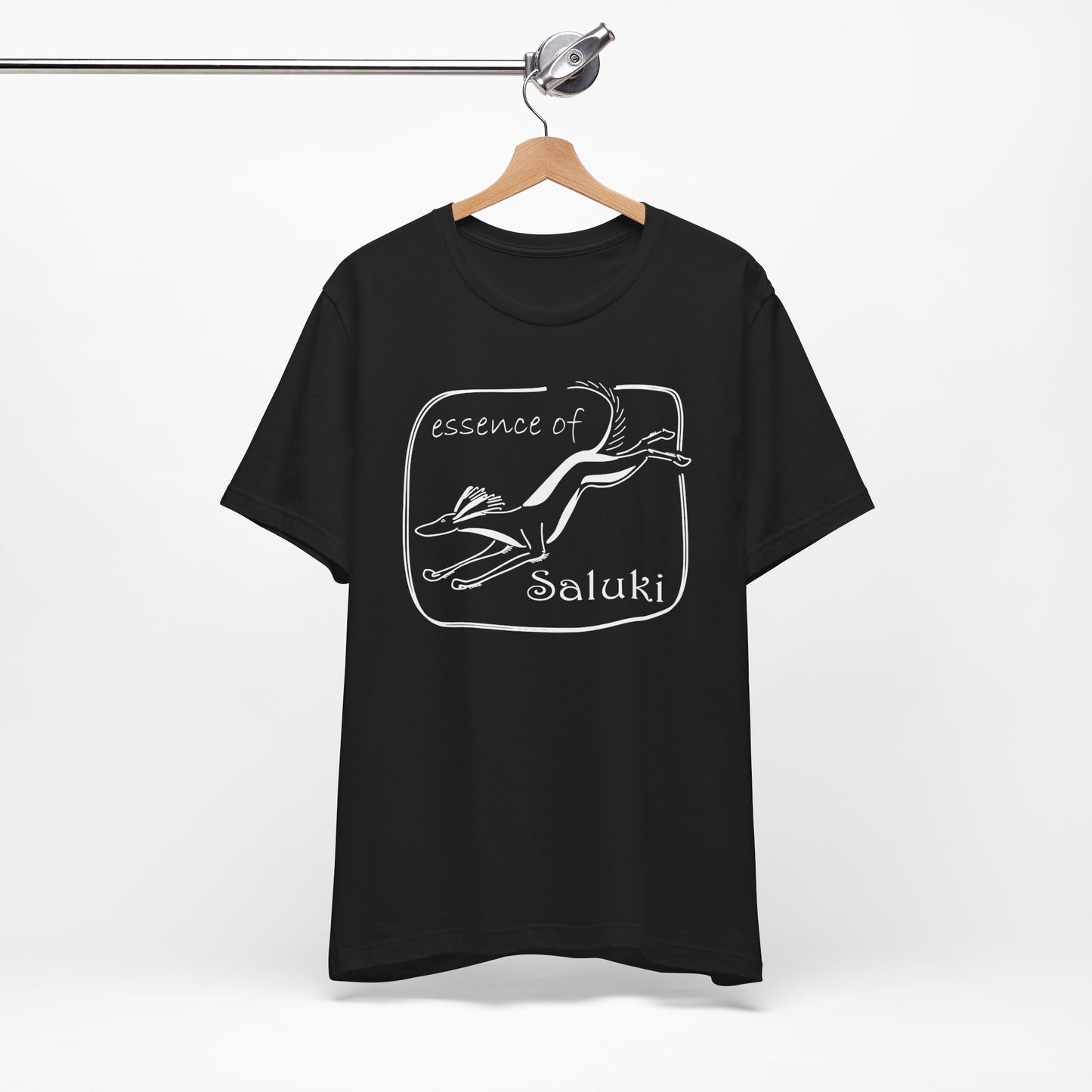 Unisex Jersey Short Sleeve Tee in black featuring a Saluki dog breed in full flight.