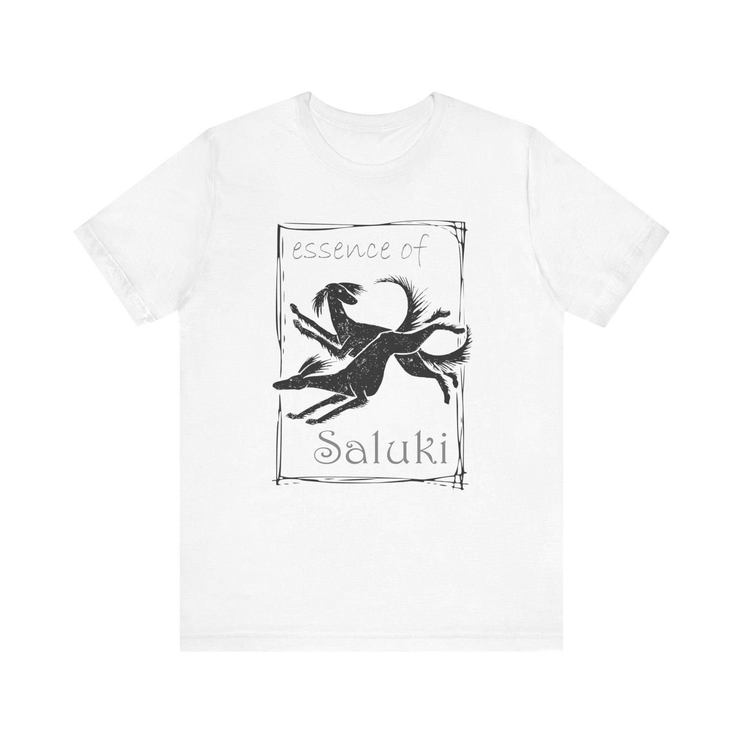 Unisex Jersey Short Sleeve Tee in white featuring the Saluki dog breed in full flight.