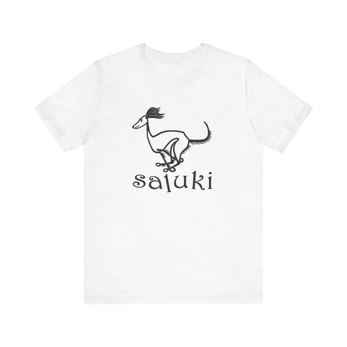 Unisex Jersey Short Sleeve Tee in white featuring a cartoon style Saluki dog galloping.