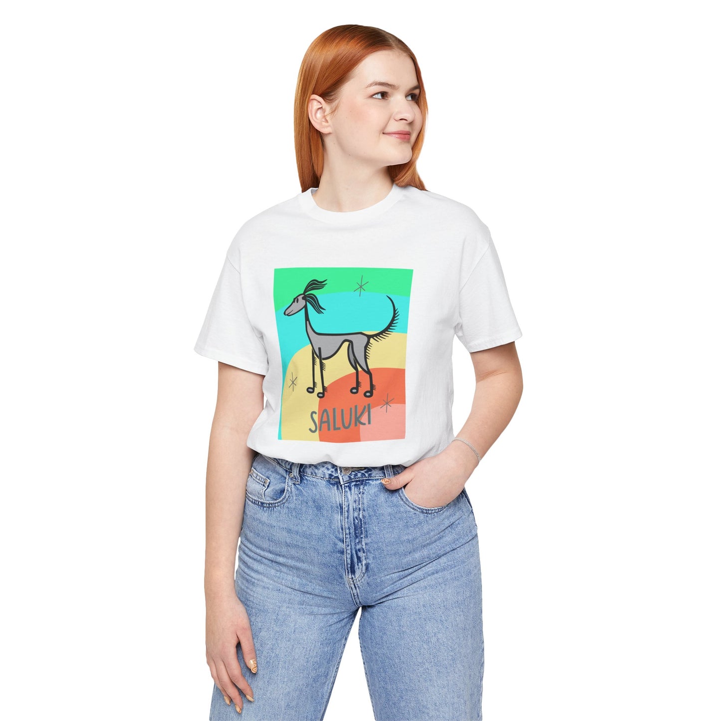 Unisex Jersey Short Sleeve Tee featuring a cartoon style Saluki standing, looking into the distance, with a color background.