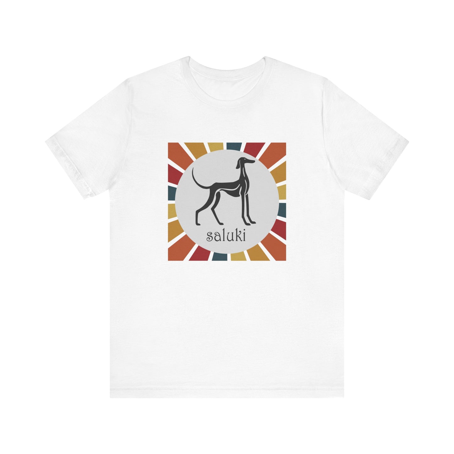 Unisex Jersey Short Sleeve Tee featuring a stylised graphic of a Saluki (Smooth Coat) standing, looking onto the distance, with a color background.