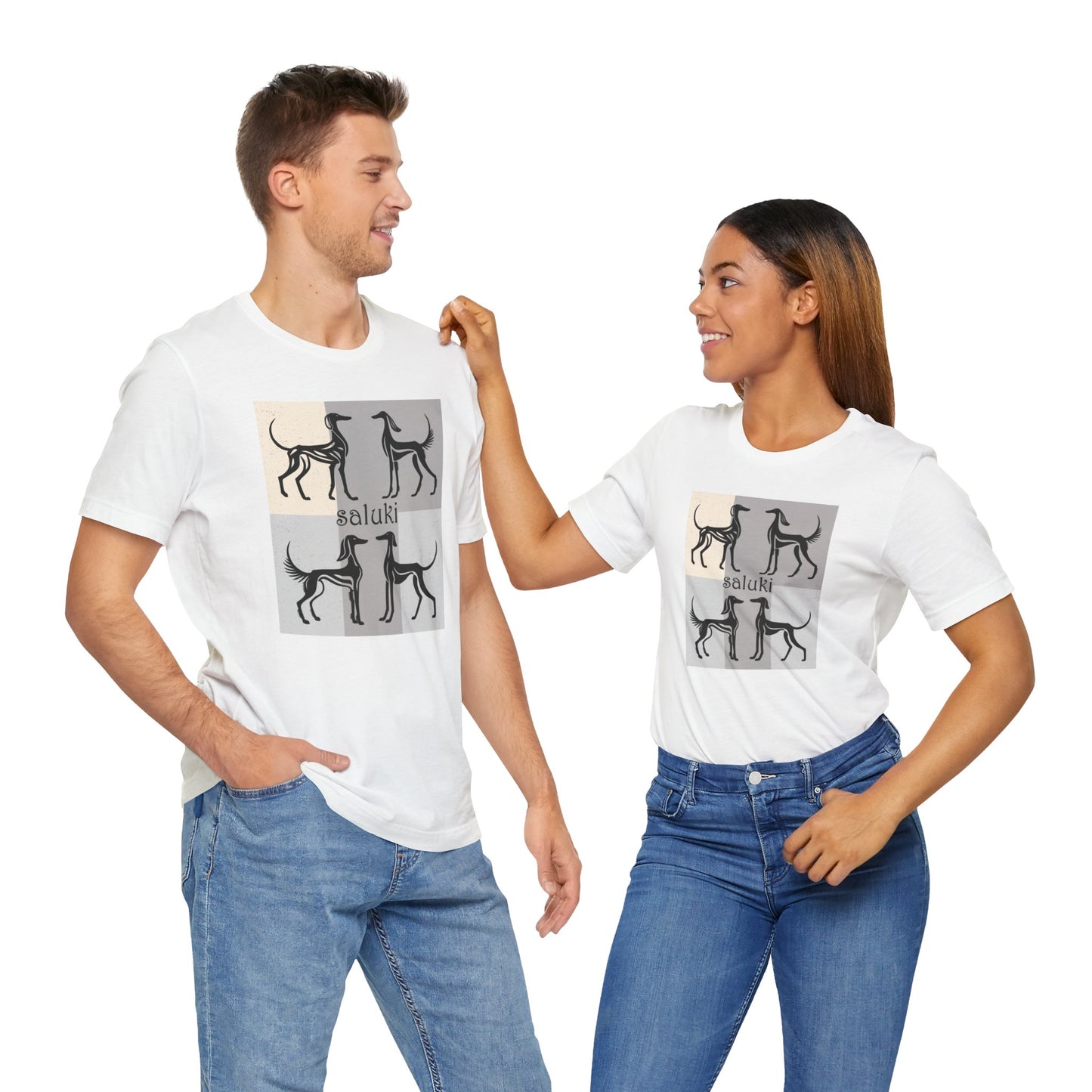 Unisex Jersey Short Sleeve Tee featuring a stylised graphic of a group of Salukis standing, looking onto the distance, with a background of matching tones..