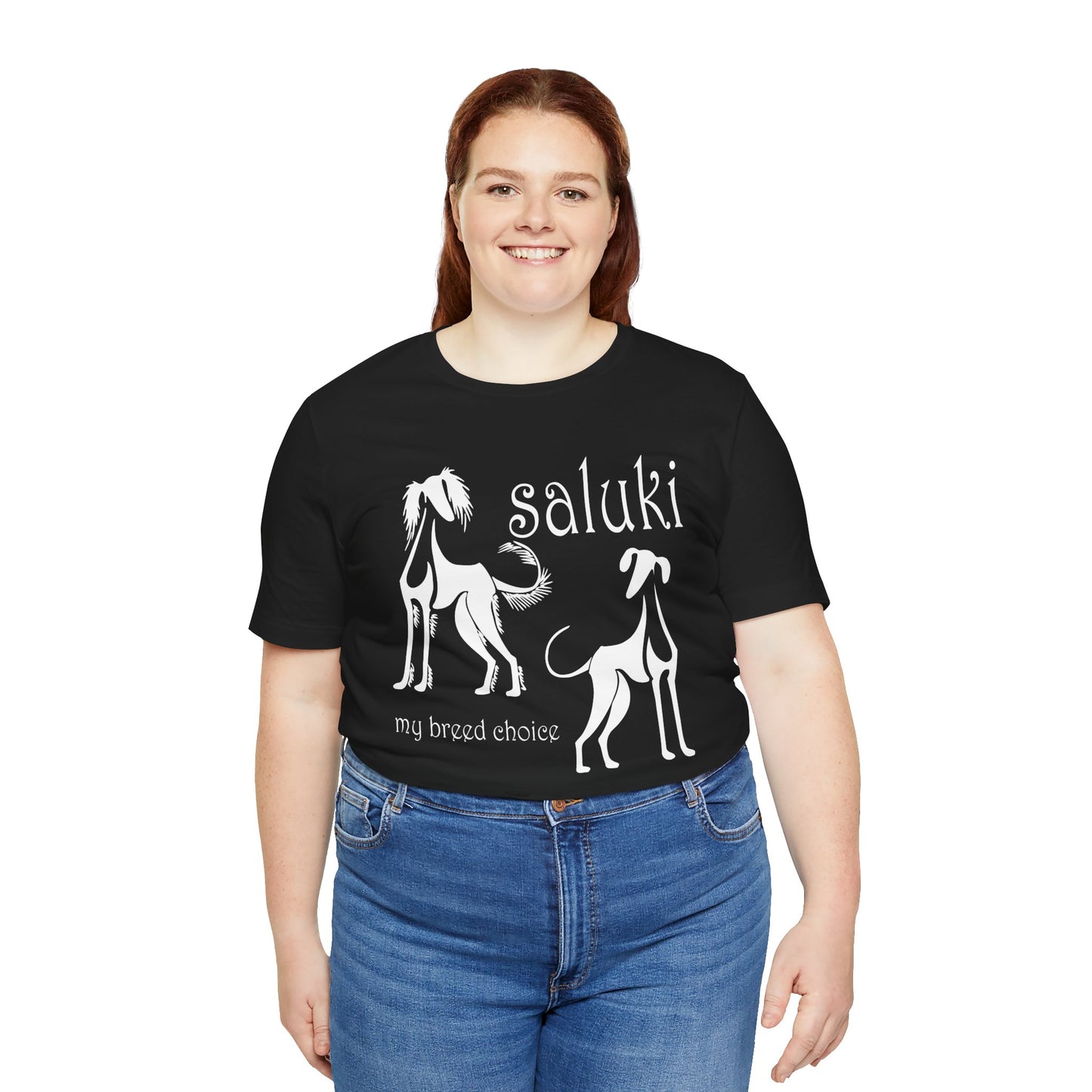Unisex Jersey Short Sleeve Tee in black featuring the Saluki dog breed in 2 varieties.