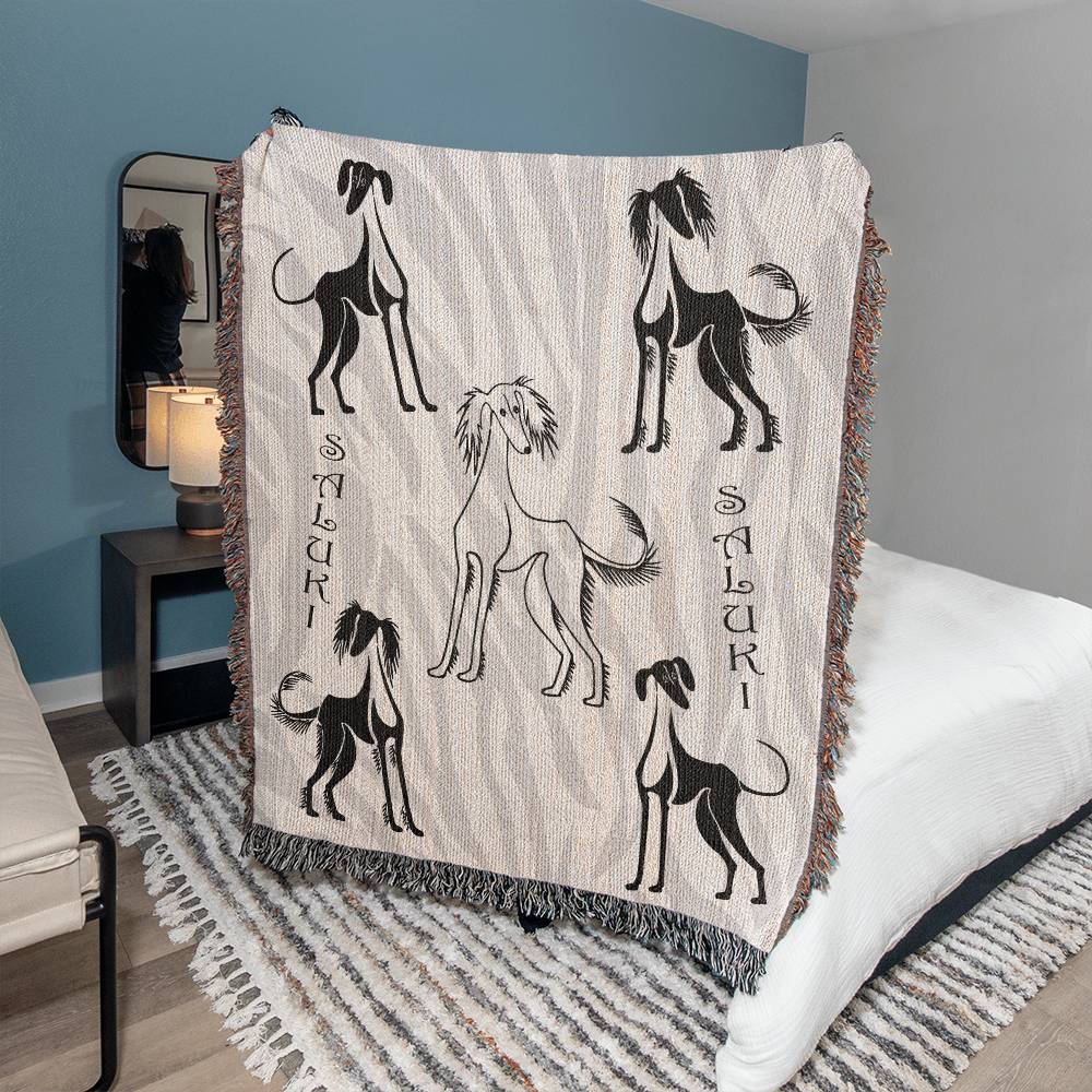 SALUKI ART MOTIF - Style 2 - Featured on this Heirloom Woven Blanket - a perfect warmer for a dedicated Saluki owner or admirer.