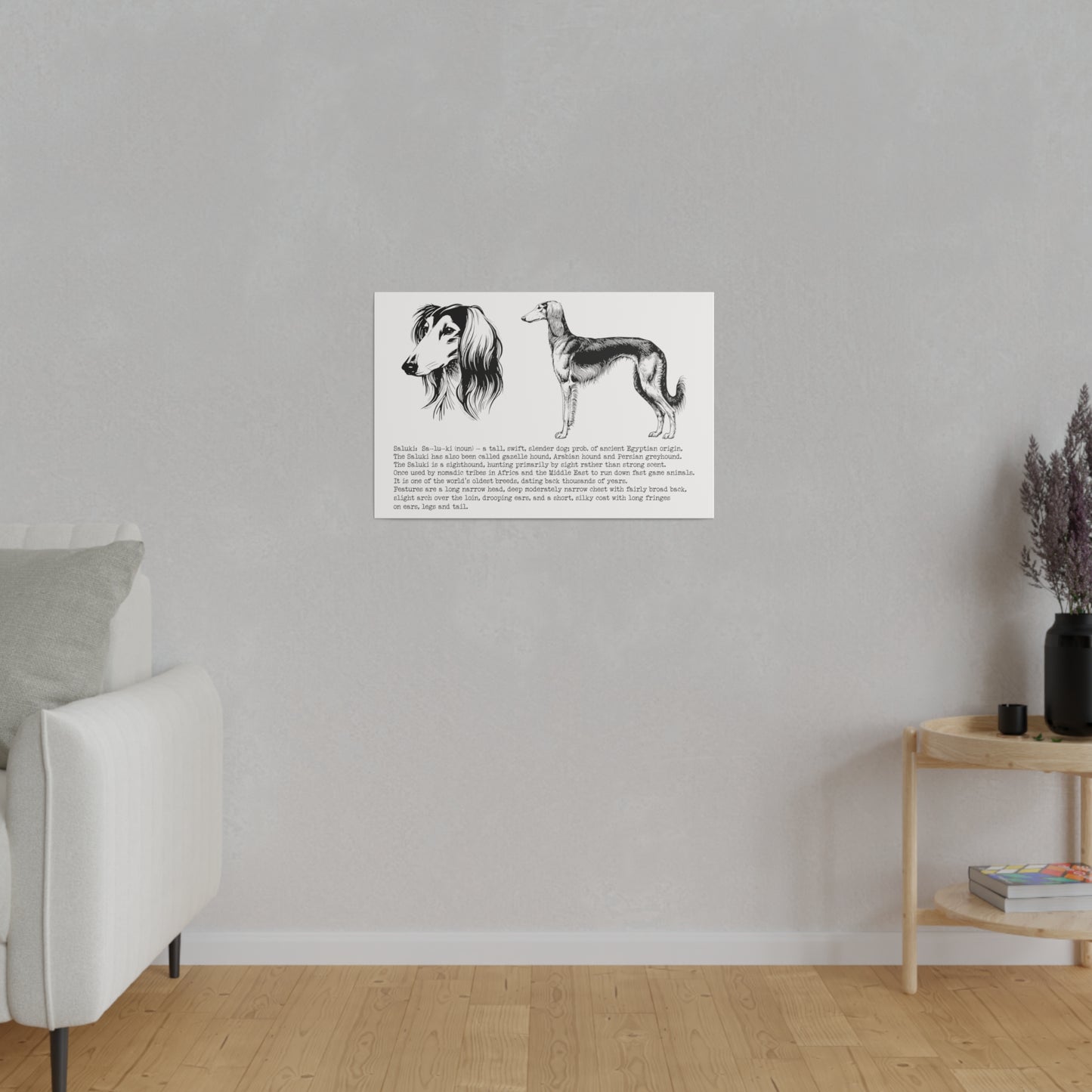 SALUKI in a BLACK INK line art style on a 24" x 16" Matte Canvas landscape frame, Stretched, 0.75"