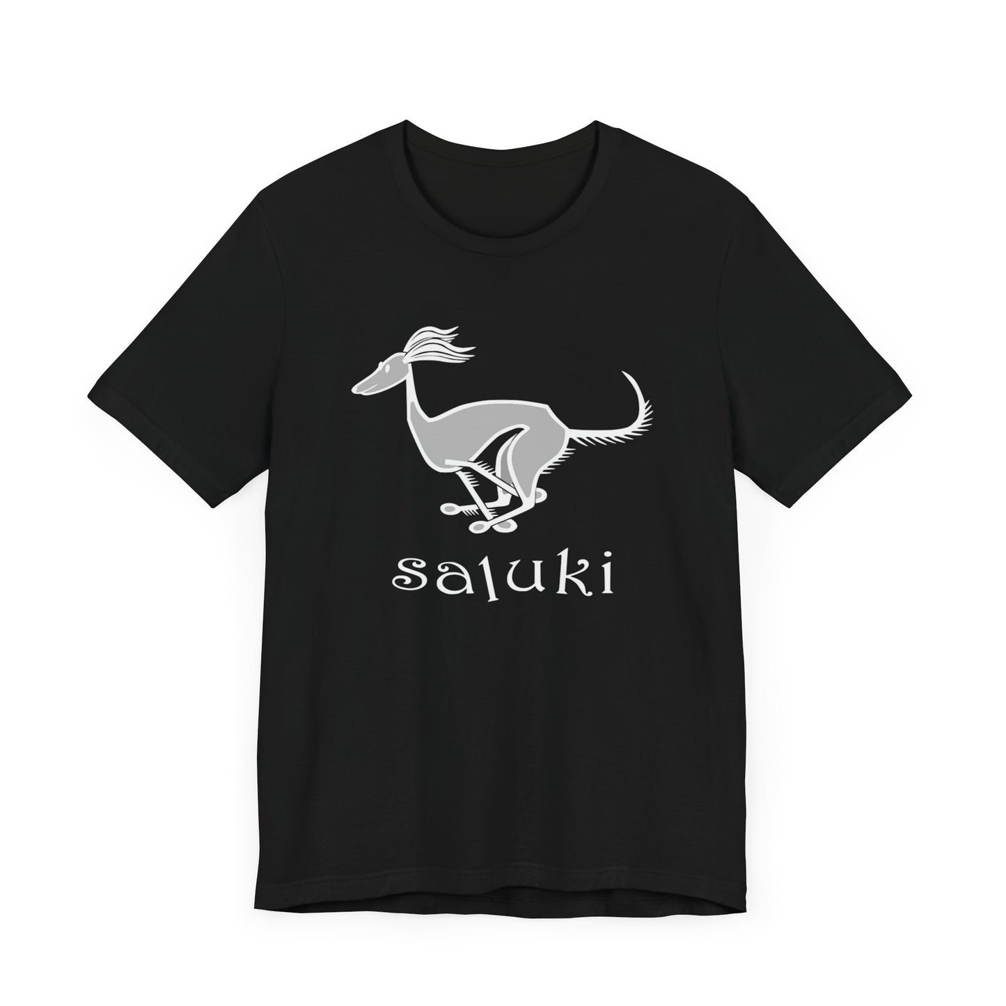 Unisex Jersey Short Sleeve Tee in black featuring a cartoon style Saluki dog galloping.
