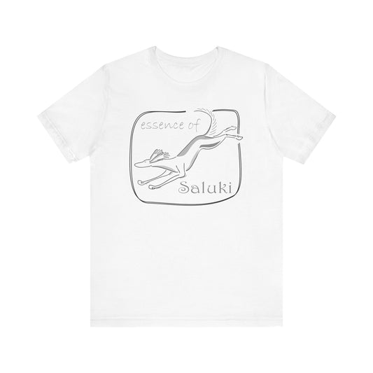 Unisex Jersey Short Sleeve Tee in white featuring a Saluki dog breed in full flight.