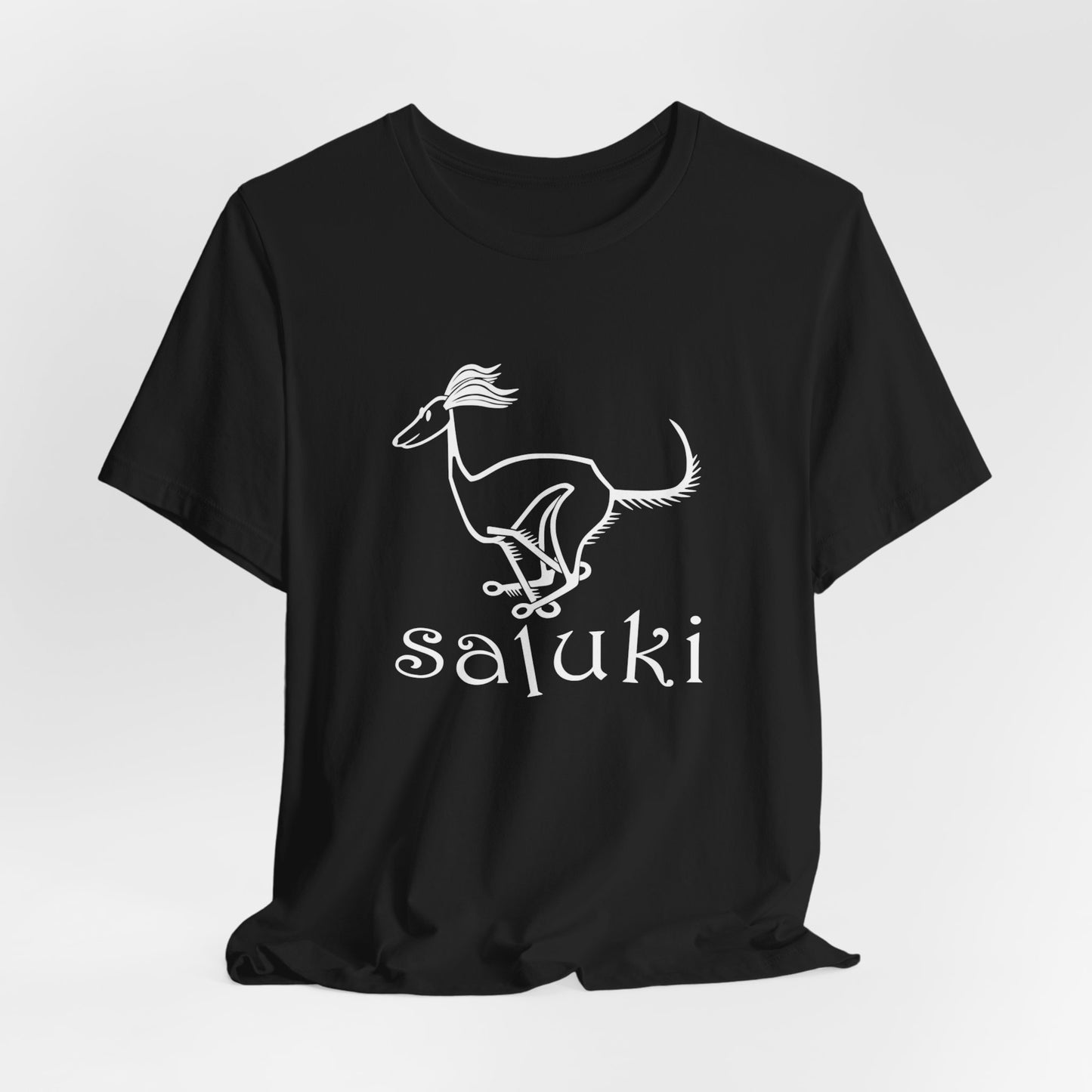 Unisex Jersey Short Sleeve Tee in white featuring a cartoon style Saluki dog galloping.