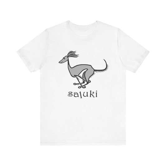 Unisex Jersey Short Sleeve Tee featuring a cartoon style Saluki galloping, with a color background.