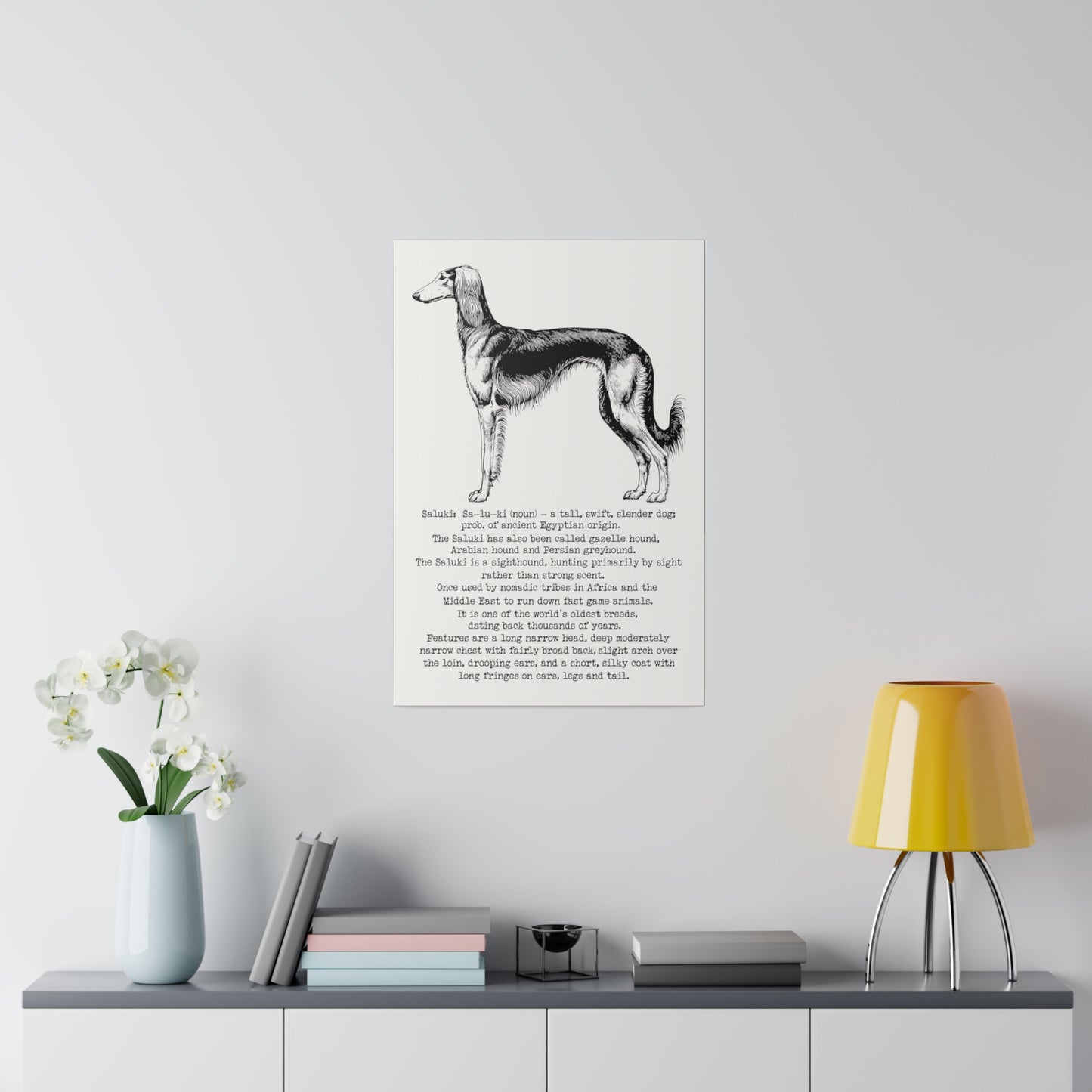 SALUKI in a BLACK INK line art style on a 16" x 24" Matte Canvas portrait frame, Stretched, 0.75"