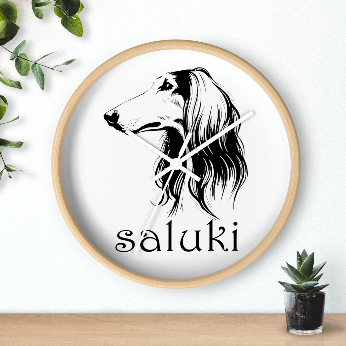 SALUKI head study in a BLACK INK line art style on a Wall Clock