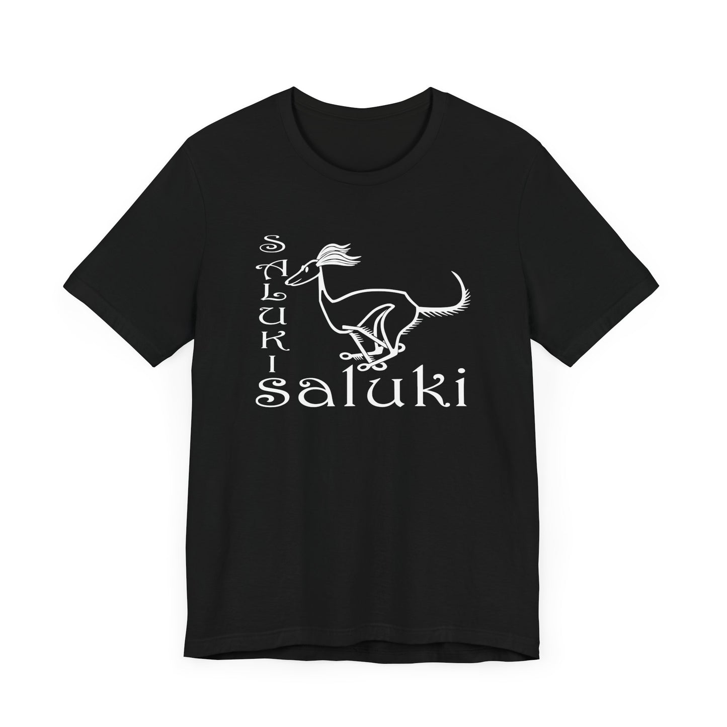 Unisex Jersey Short Sleeve Tee in black featuring a cartoon style Saluki dog breed galloping.