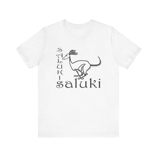 Unisex Jersey Short Sleeve Tee in white featuring a cartoon style Saluki dog breed galloping.