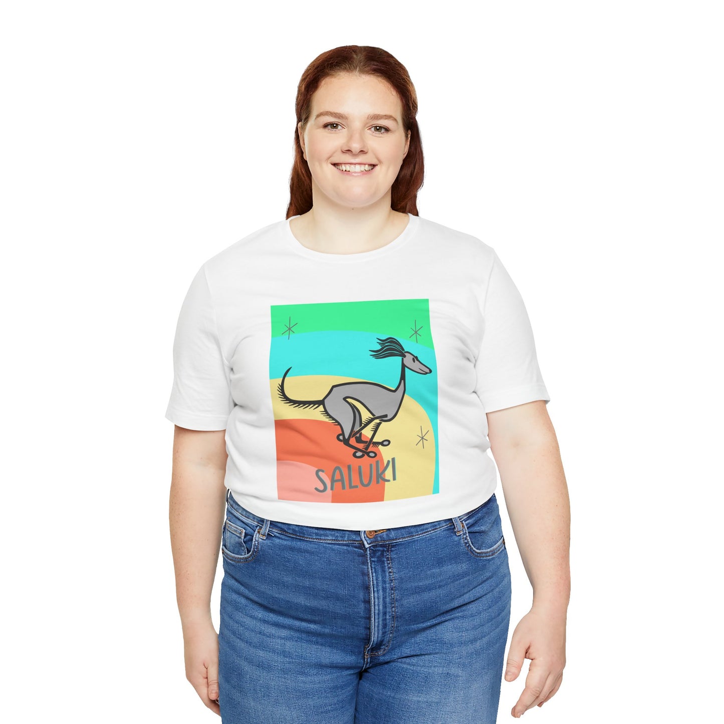 Unisex Jersey Short Sleeve Tee featuring a cartoon style Saluki galloping, with a color background.