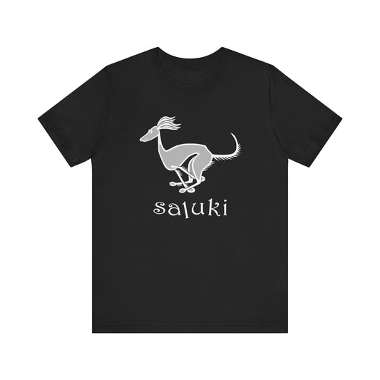 Unisex Jersey Short Sleeve Tee in black featuring a cartoon style Saluki dog galloping.
