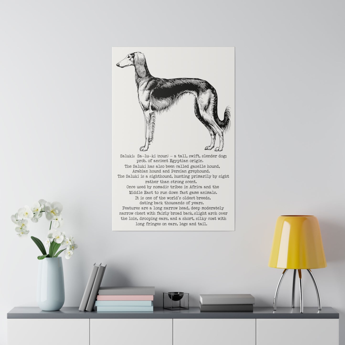 SALUKI in a BLACK INK line art style on a 30" x 20" Matte Canvas portrait frame, Stretched, 0.75"