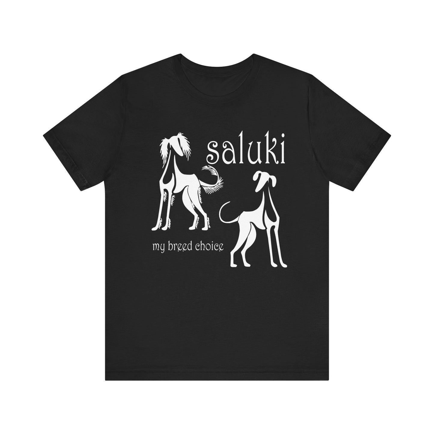 Unisex Jersey Short Sleeve Tee in black featuring the Saluki dog breed in 2 varieties.