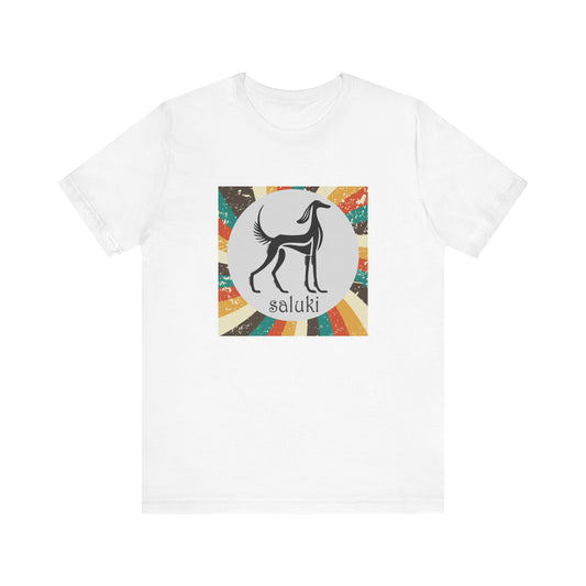 Unisex Jersey Short Sleeve Tee featuring a stylised graphic of a Saluki standing, looking onto the distance, with a color background. (Art 1)