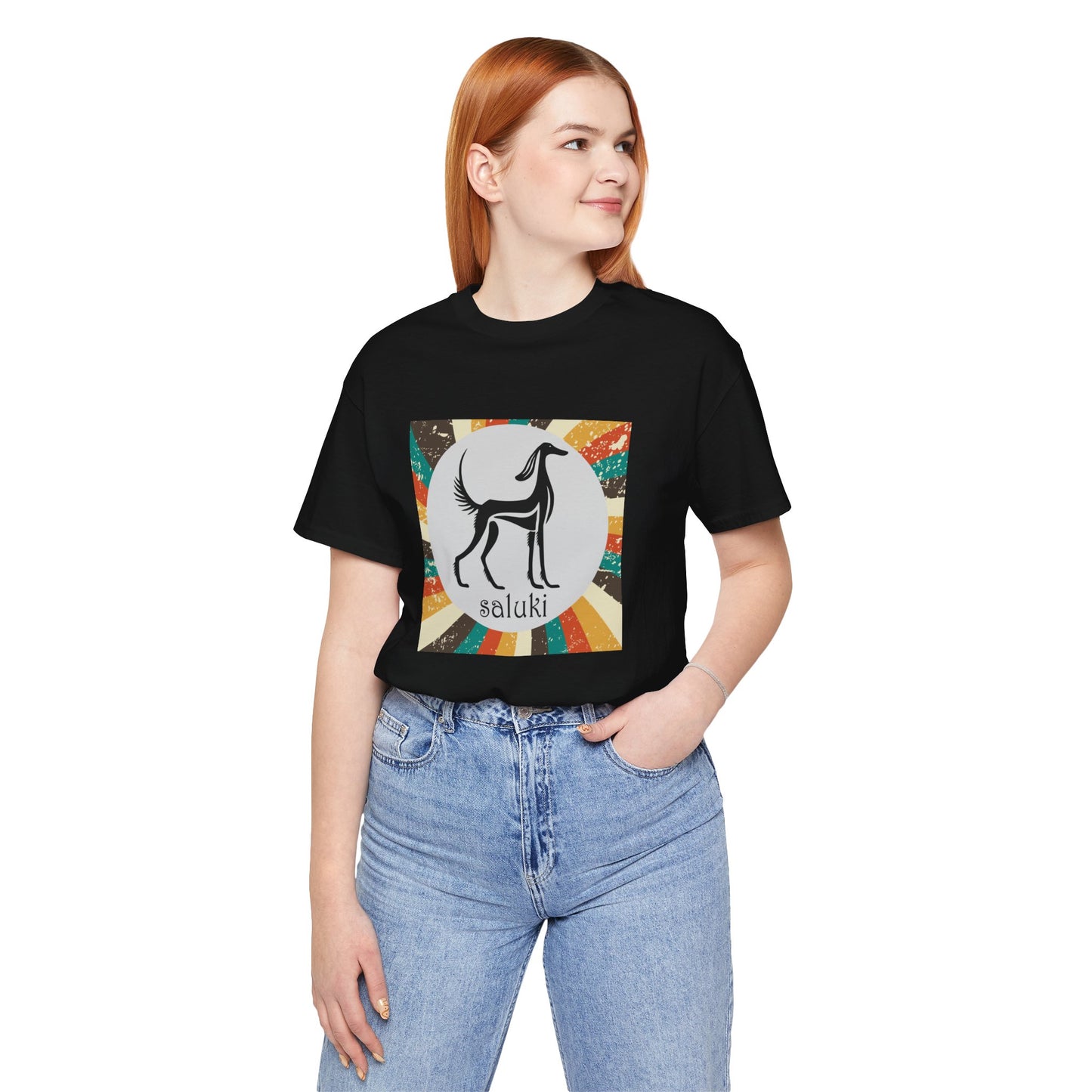 Unisex Jersey Short Sleeve Tee featuring a stylised graphic of a Saluki standing, looking onto the distance, with a color background. (Art 1)