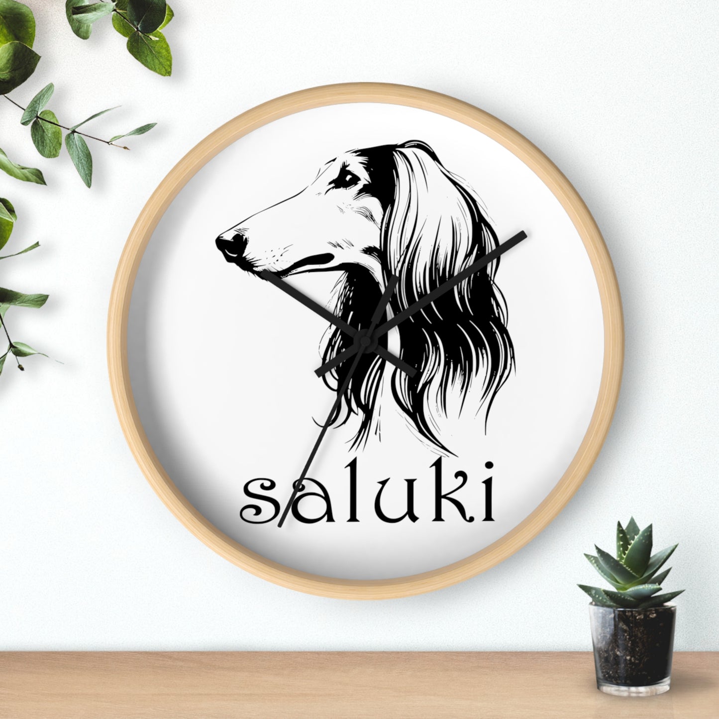 SALUKI head study in a BLACK INK line art style on a Wall Clock