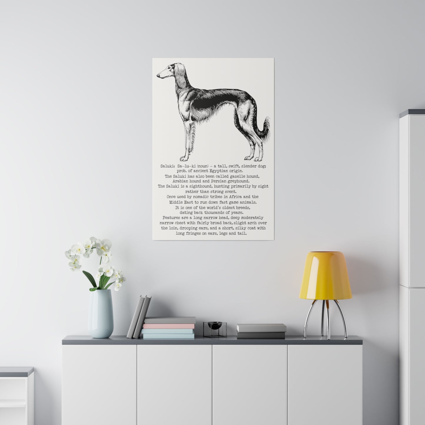 SALUKI in a BLACK INK line art style on a 24" x 36" Matte Canvas portrait frame, Stretched, 0.75"