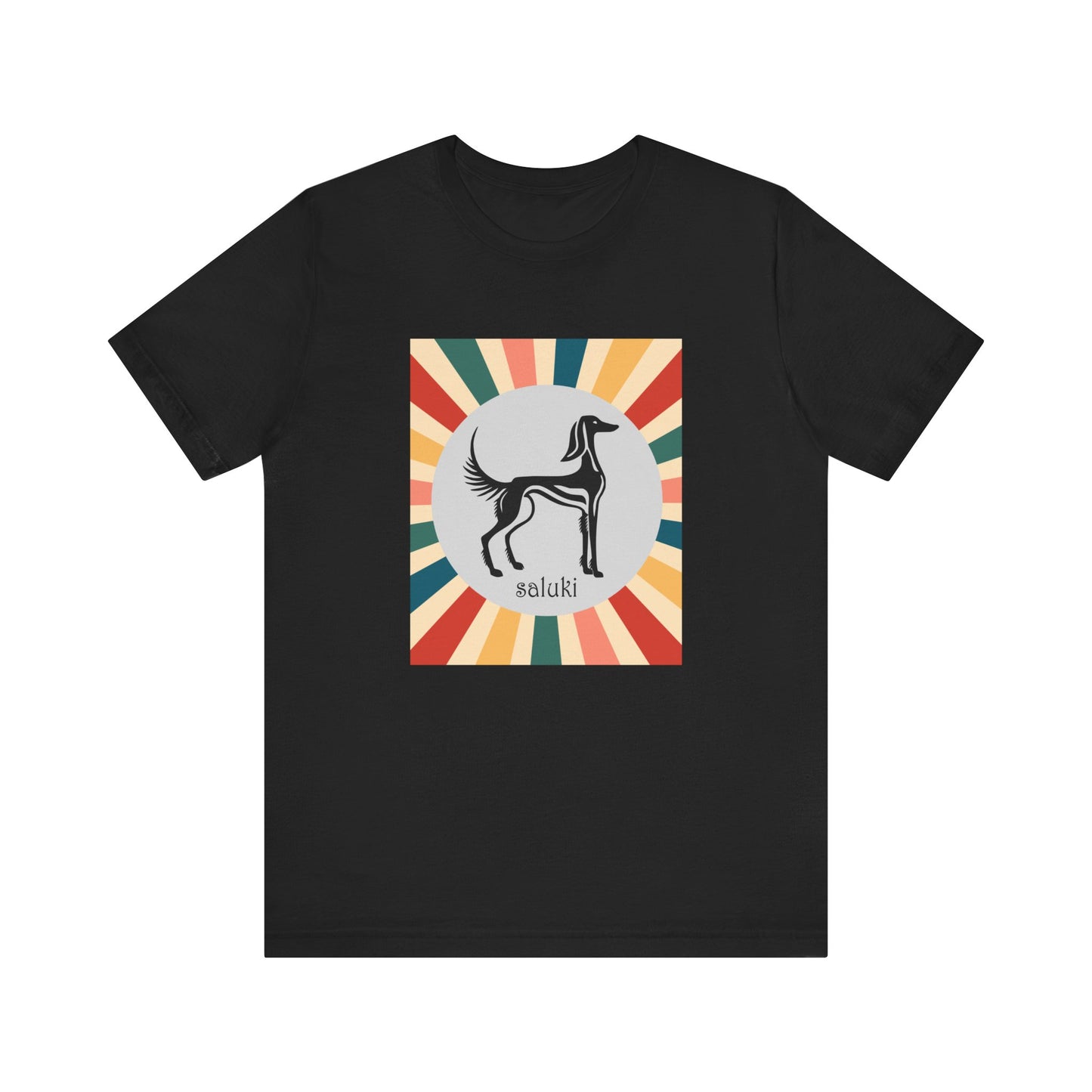 Unisex Jersey Short Sleeve Tee featuring a stylised graphic of a Saluki standing, looking onto the distance, with a color background. (Art 2)