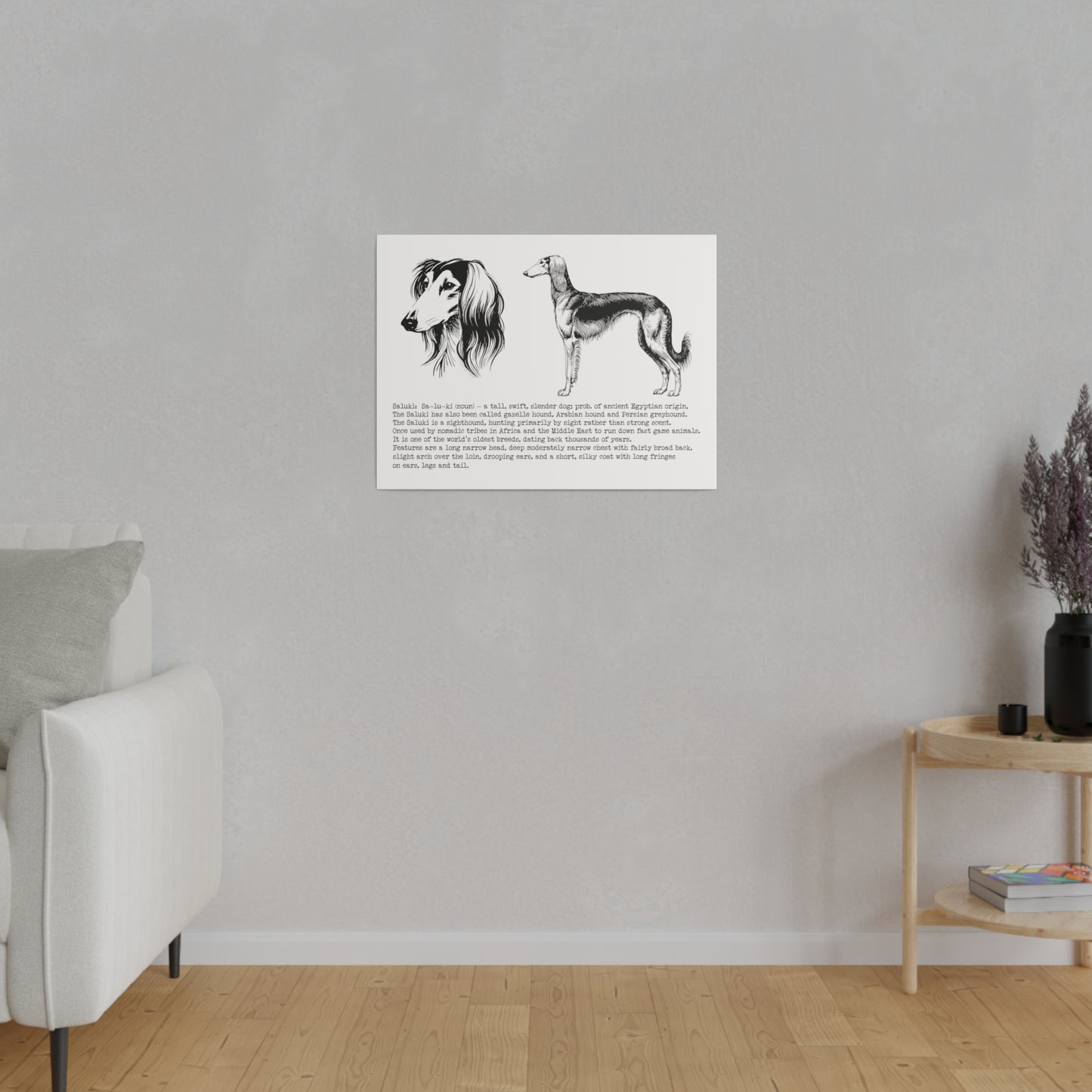 SALUKI in a BLACK INK line art style on a 24" x 18" Matte Canvas landscape frame, Stretched, 0.75"