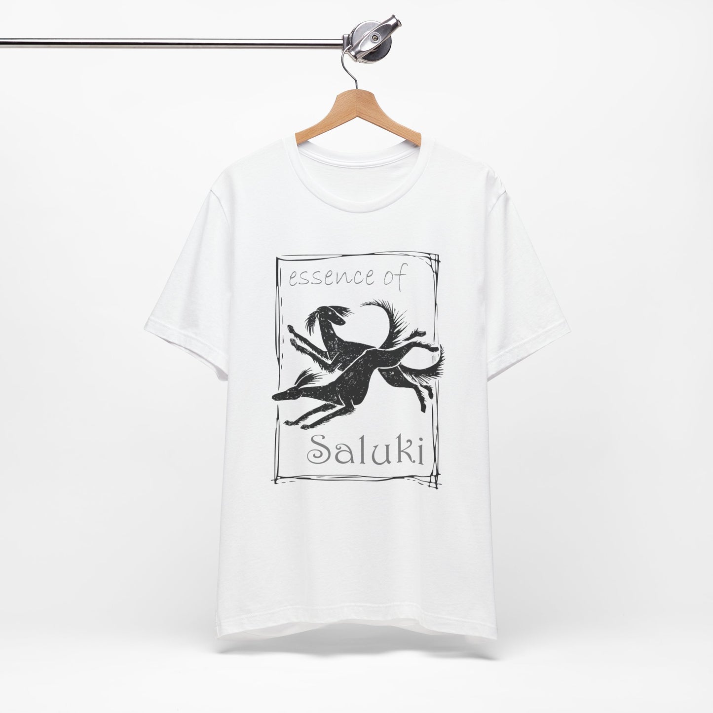 Unisex Jersey Short Sleeve Tee in white featuring the Saluki dog breed in full flight.