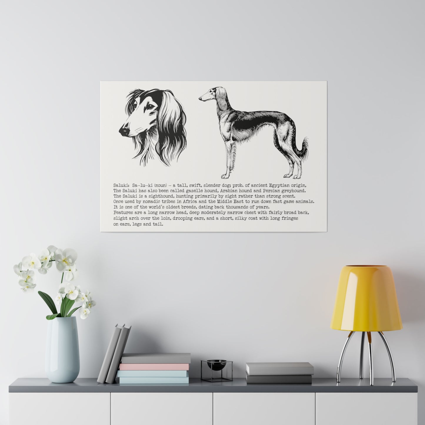 SALUKI in a BLACK INK line art style on a 30" x 20" Matte Canvas landscape frame, Stretched, 0.75"