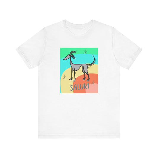 Unisex Jersey Short Sleeve Tee featuring a cartoon style Saluki standing, looking into the distance, with a color background.