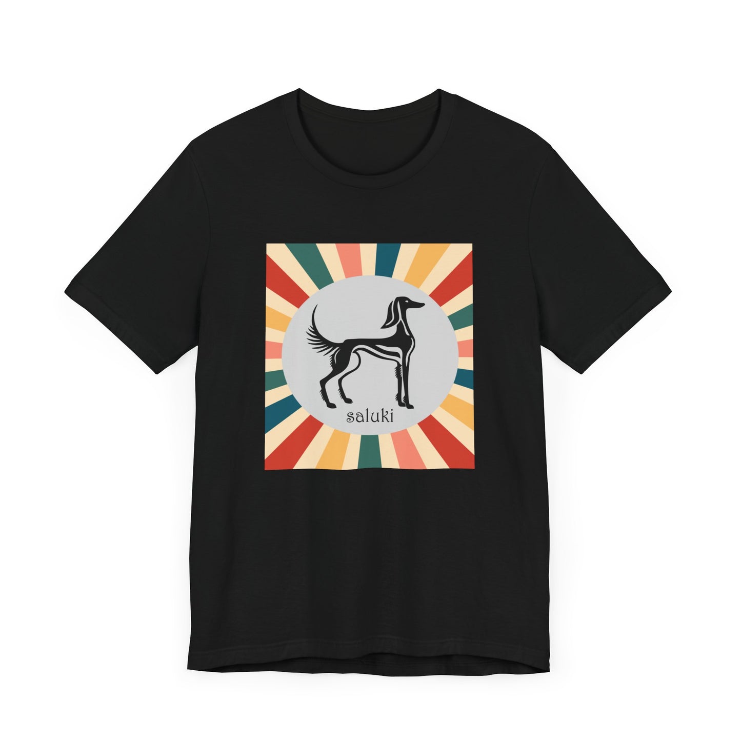 Unisex Jersey Short Sleeve Tee featuring a stylised graphic of a Saluki standing, looking onto the distance, with a color background. (Art 2)