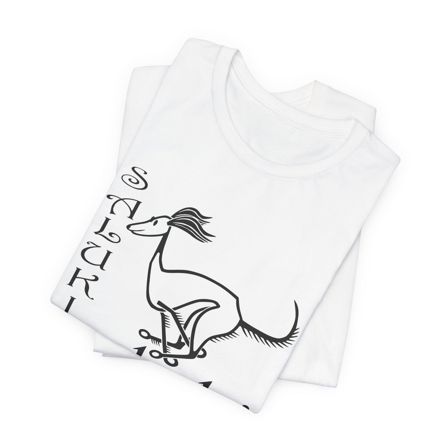 Unisex Jersey Short Sleeve Tee in white featuring a cartoon style Saluki dog breed galloping.