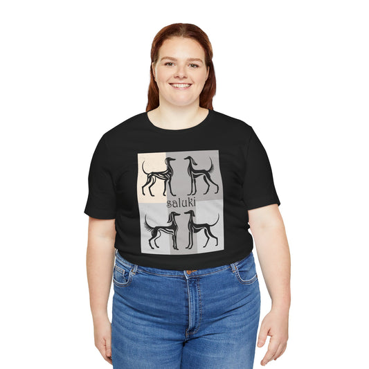 Unisex Jersey Short Sleeve Tee featuring a stylised graphic of a group of Salukis standing, looking onto the distance, with a background of matching tones..