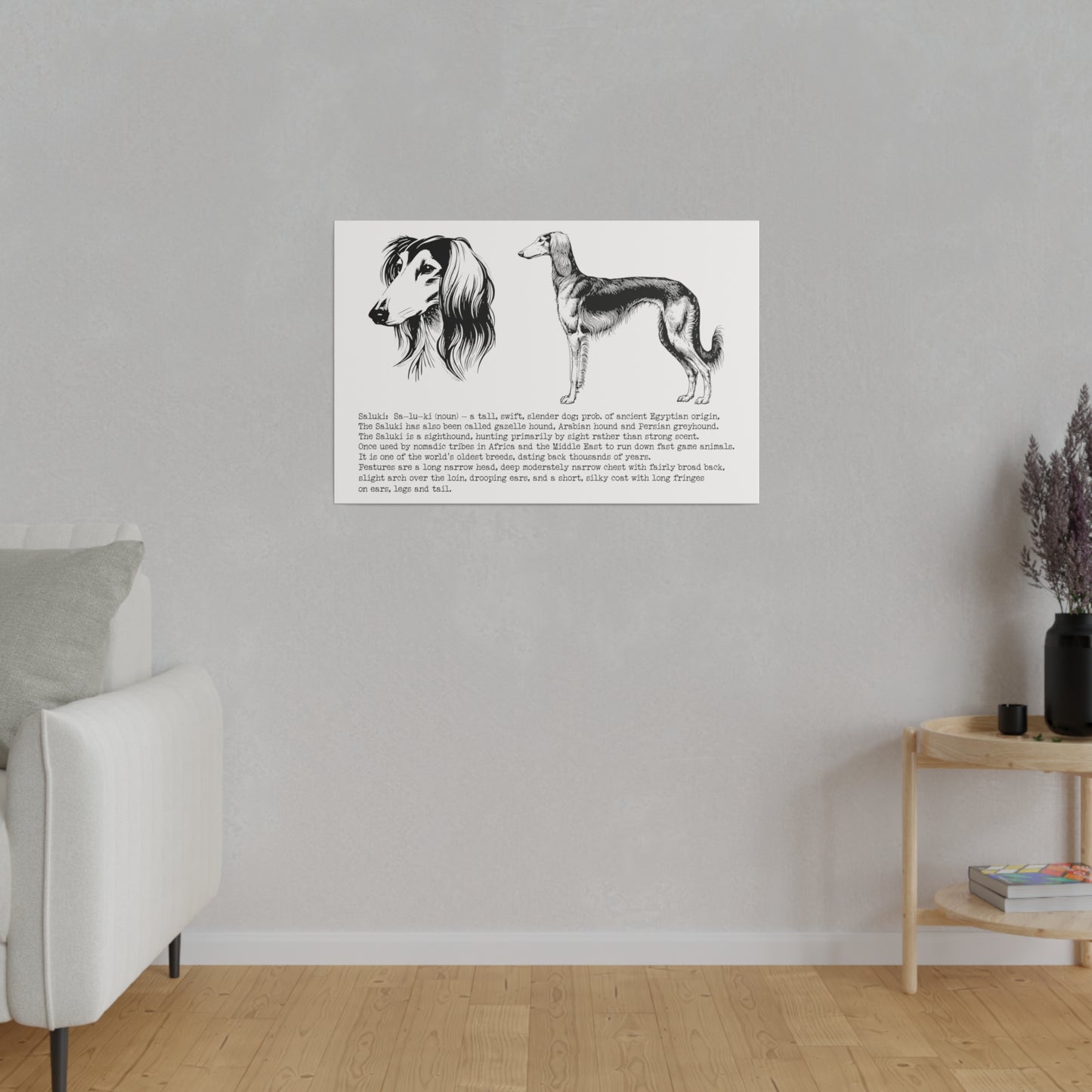 SALUKI in a BLACK INK line art style on a 30" x 20" Matte Canvas landscape frame, Stretched, 0.75"