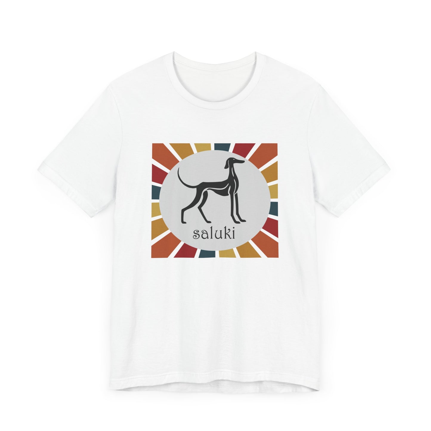 Unisex Jersey Short Sleeve Tee featuring a stylised graphic of a Saluki (Smooth Coat) standing, looking onto the distance, with a color background.