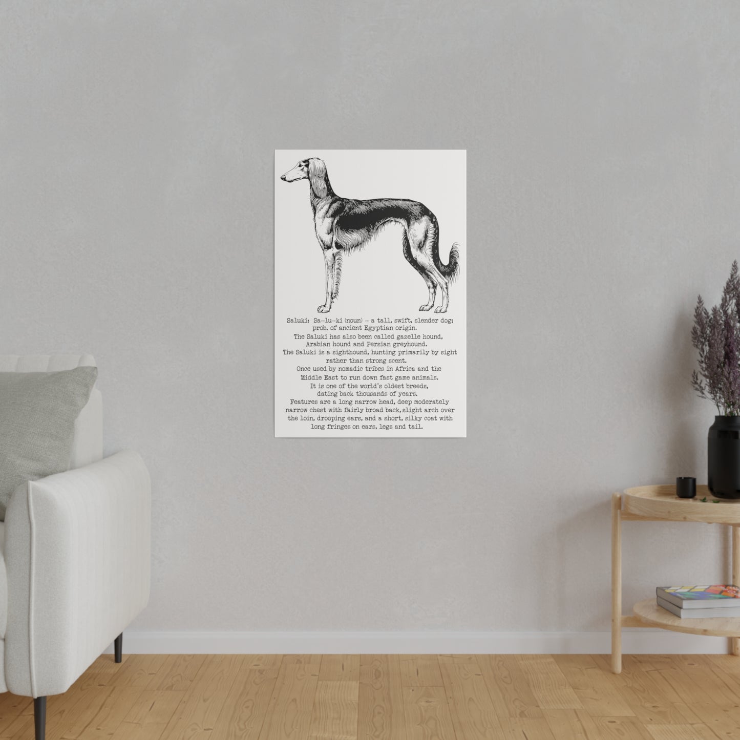 SALUKI in a BLACK INK line art style on a 30" x 20" Matte Canvas portrait frame, Stretched, 0.75"