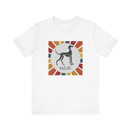 Unisex Jersey Short Sleeve Tee featuring a stylised graphic of a Saluki (Smooth Coat) standing, looking onto the distance, with a color background.