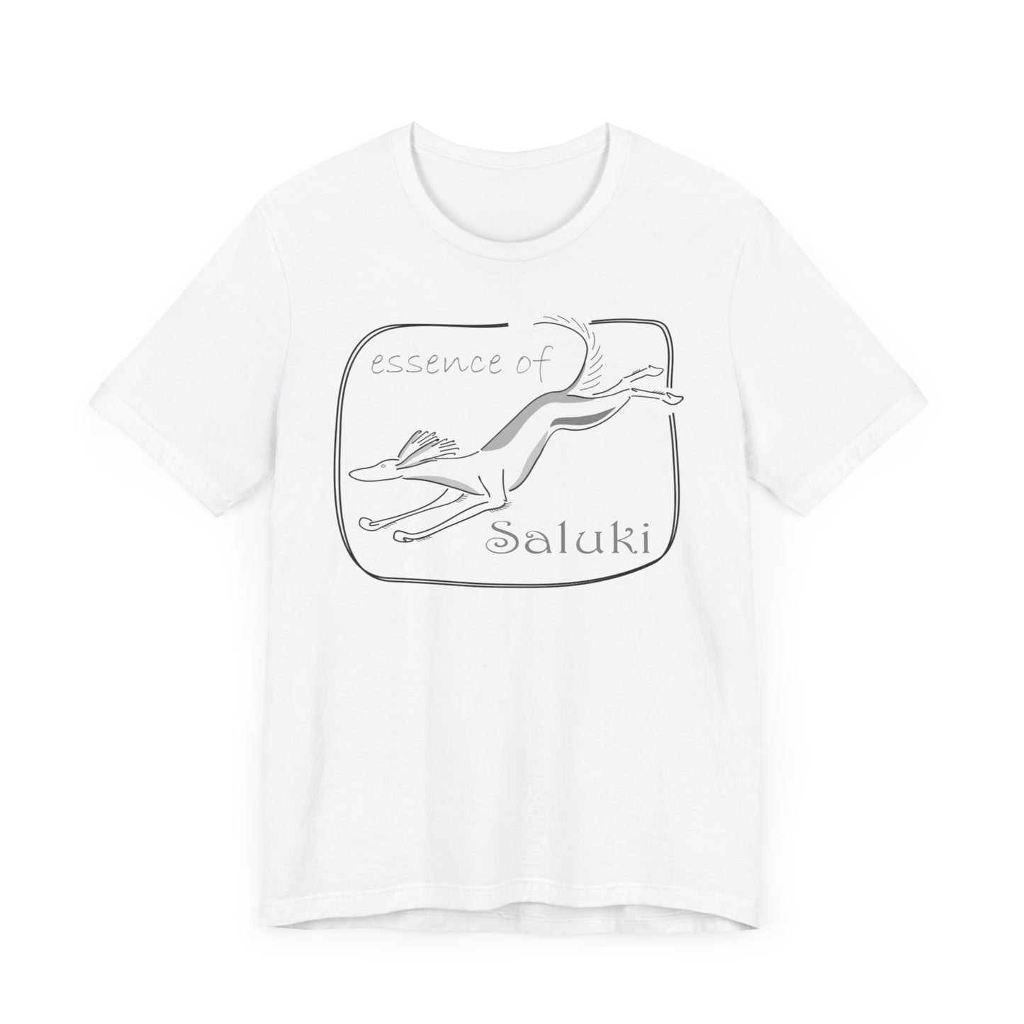 Unisex Jersey Short Sleeve Tee in white featuring a Saluki dog breed in full flight.