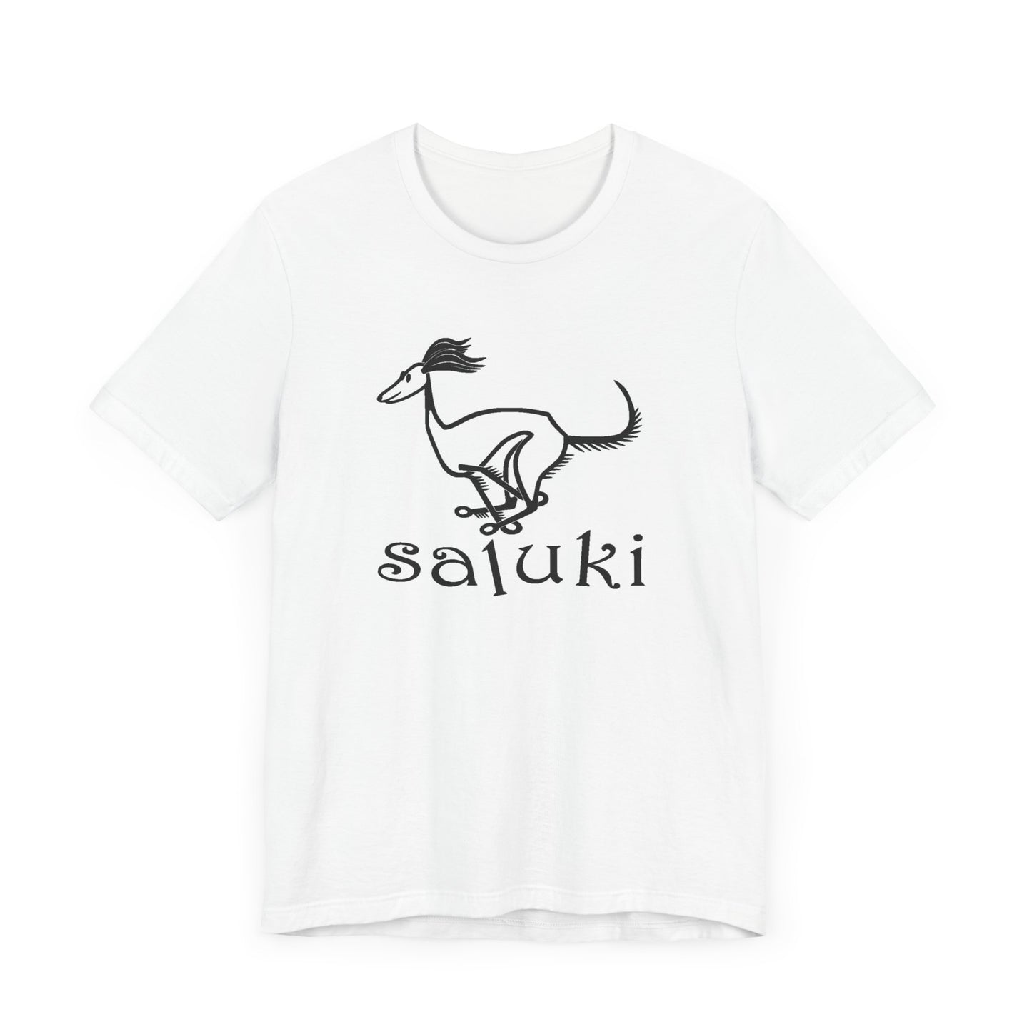 Unisex Jersey Short Sleeve Tee in white featuring a cartoon style Saluki dog galloping.